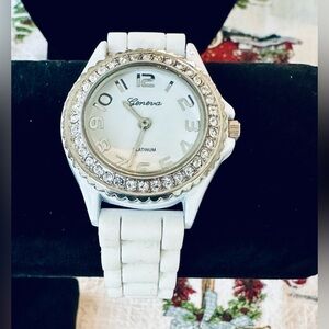 Geneva Women's White and Silver Crystal Watch